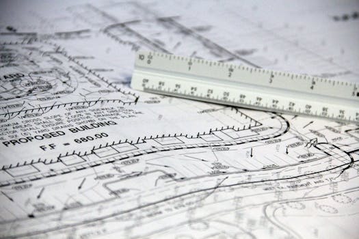 Detailed close-up of architectural blueprints with scale ruler, showing building plans and measurements.